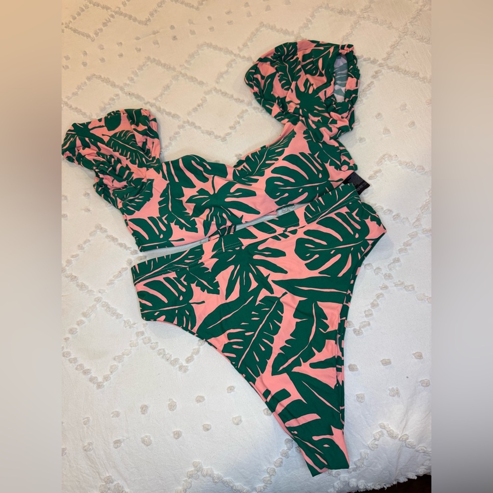 Pink Bikini with Green Tropical Leaf Print